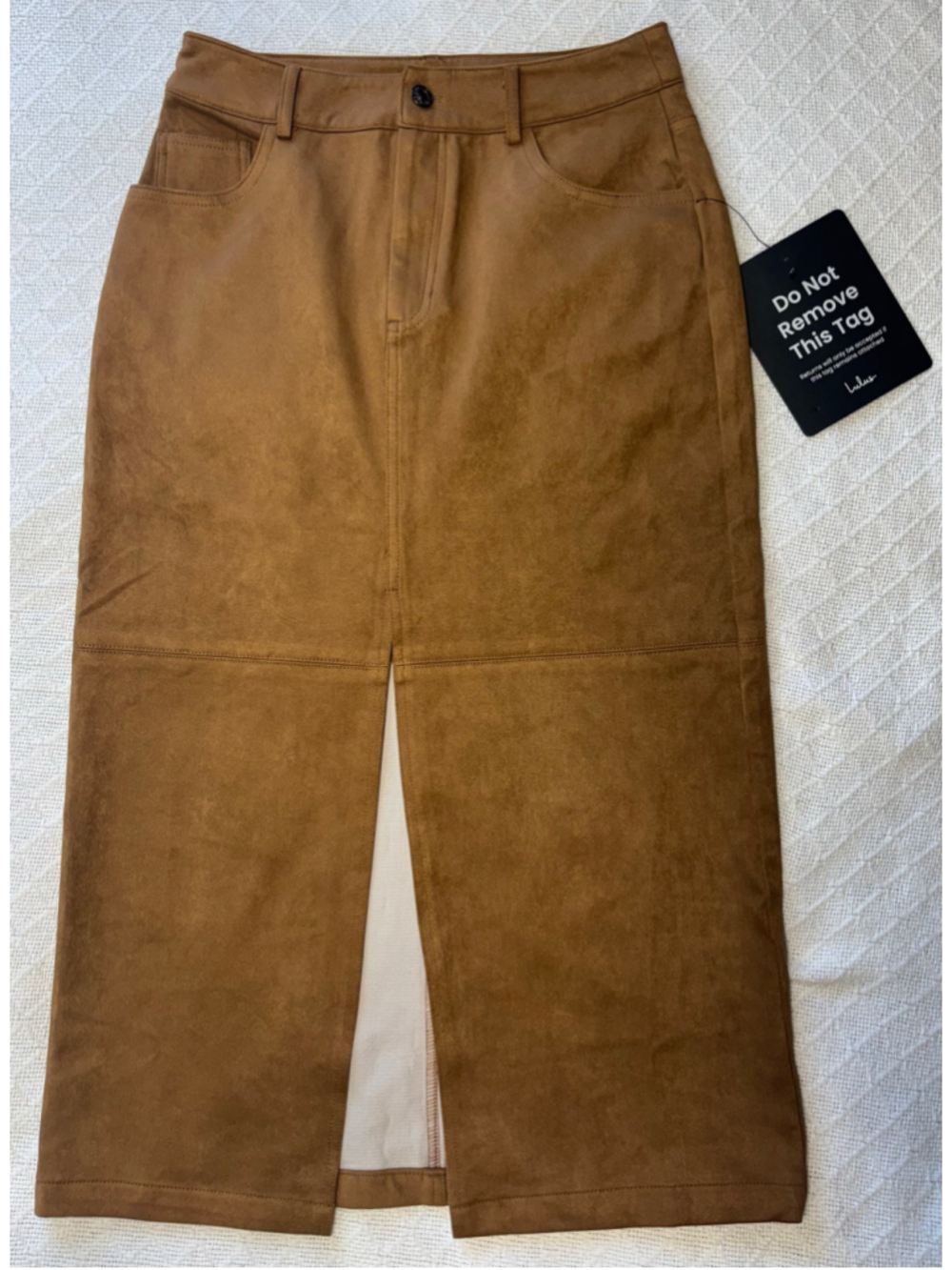 Lulus Faux Suede Midi Skirt NWT Size Small Brown Front Slit Camel Tan Western - Picture 2 of 9